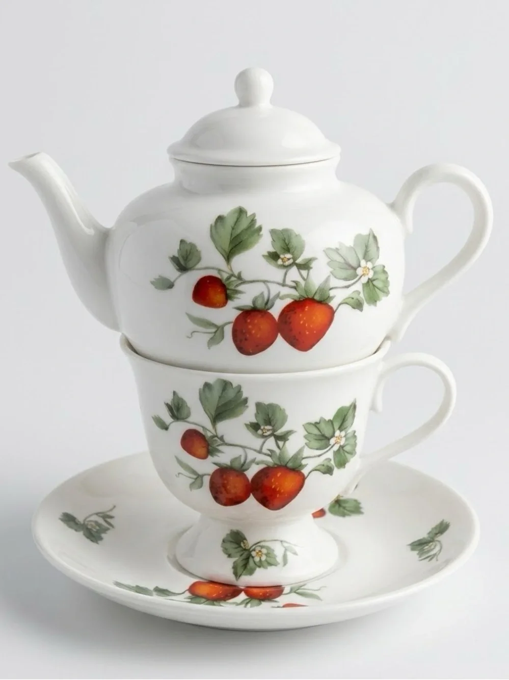 Nantucket Home Strawberry Pattern Tea For One Stacking Teapot w/ Cup and Saucer